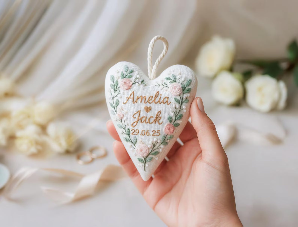 Personalized Wedding Heart Ornament, Hand Embroidered Pink Roses & Greenery, Custom Names Date, Linen Bridal Keepsake Gift, Keepsake Decor