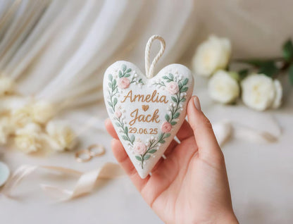 Personalized Wedding Heart Ornament, Hand Embroidered Pink Roses & Greenery, Custom Names Date, Linen Bridal Keepsake Gift, Keepsake Decor
