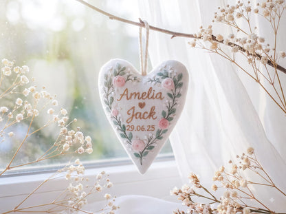 Personalized Wedding Heart Ornament, Hand Embroidered Pink Roses & Greenery, Custom Names Date, Linen Bridal Keepsake Gift, Keepsake Decor