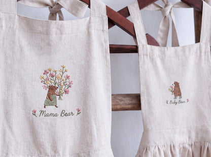Personalized Mommy and Me Aprons, Matching Mom and Kids Linen Apron Set, Hand Embroidered Mama Bear & Baby Bear, Custom Name Gift