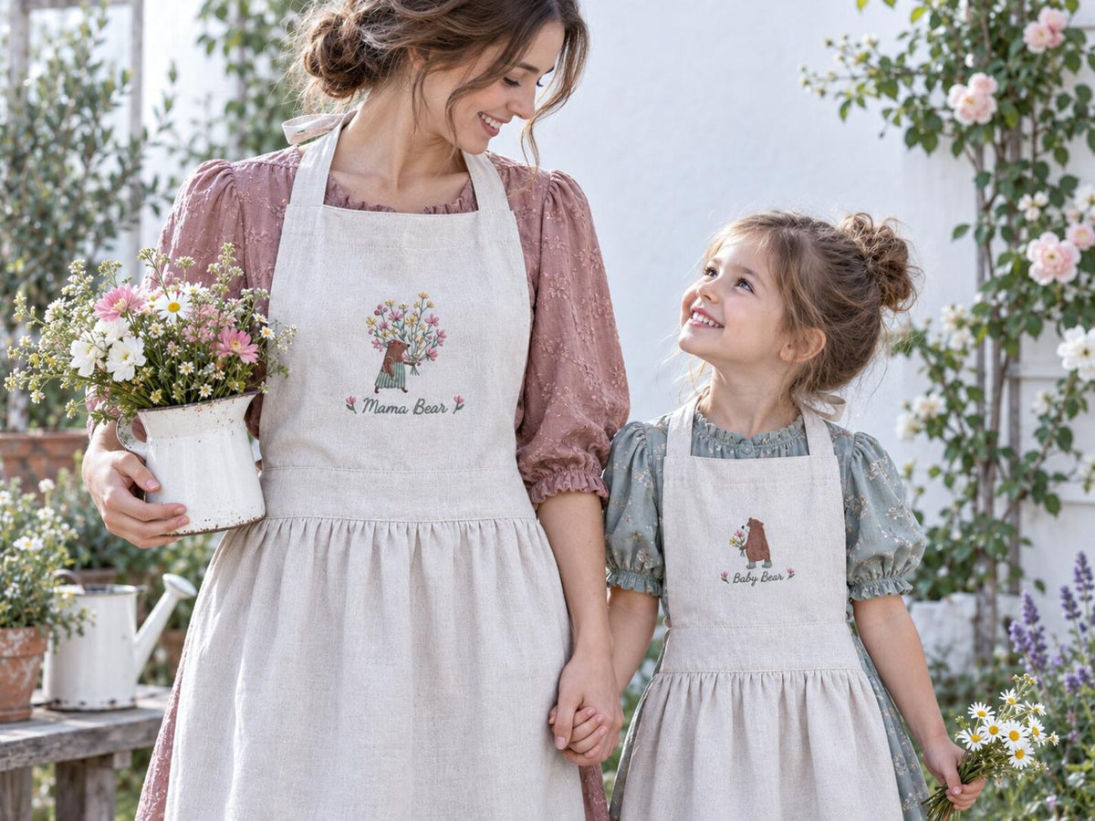 Personalized Mommy and Me Aprons, Matching Mom and Kids Linen Apron Set, Hand Embroidered Mama Bear & Baby Bear, Custom Name Gift