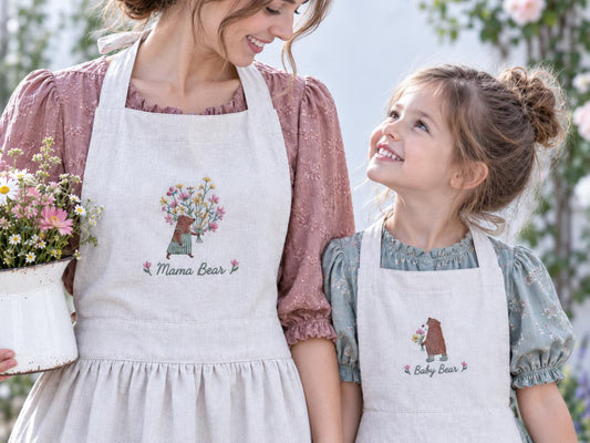 Personalized Mommy and Me Aprons, Matching Mom and Kids Linen Apron Set, Hand Embroidered Mama Bear & Baby Bear, Custom Name Gift