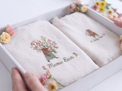 Personalized Mommy and Me Aprons, Matching Mom and Kids Linen Apron Set, Hand Embroidered Mama Bear & Baby Bear, Custom Name Gift