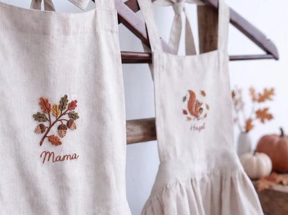 Personalized Mommy and Me Aprons, Matching Mom and Kids Linen Apron Set, Hand Embroidered Acorn & Squirrel, Custom Name Autumn Family Gift