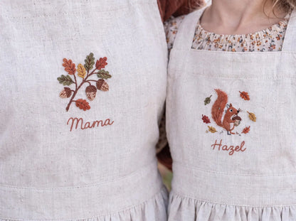 Personalized Mommy and Me Aprons, Matching Mom and Kids Linen Apron Set, Hand Embroidered Acorn & Squirrel, Custom Name Autumn Family Gift