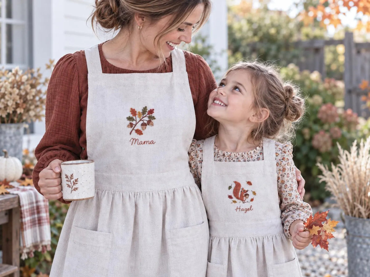 Personalized Mommy and Me Aprons, Matching Mom and Kids Linen Apron Set, Hand Embroidered Acorn & Squirrel, Custom Name Autumn Family Gift
