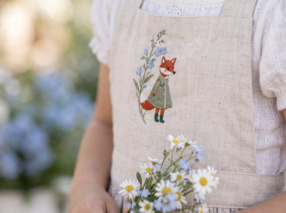 Personalized Mommy and Me Aprons, Matching Mom and Kids Linen Apron Set, Hand Embroidered Blue Wildflowers & Fox, Custom Name Family Gift