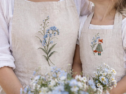 Personalized Mommy and Me Aprons, Matching Mom and Kids Linen Apron Set, Hand Embroidered Blue Wildflowers & Fox, Custom Name Family Gift