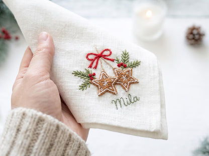 Personalized Christmas Linen Napkin Set of 3, Hand Embroidered Pine, Mistletoe & Wreath, Custom Name, Christmas Table Decor, Holiday Gift