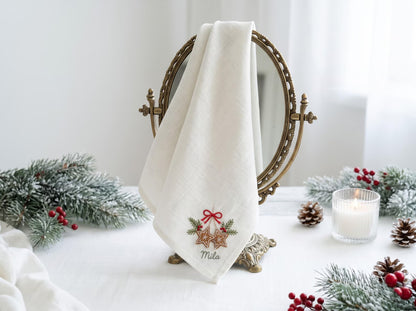 Personalized Christmas Linen Napkin Set of 3, Hand Embroidered Pine, Mistletoe & Wreath, Custom Name, Christmas Table Decor, Holiday Gift