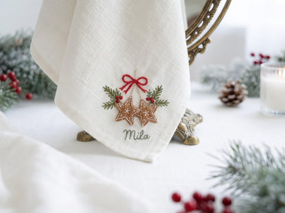 Personalized Christmas Linen Napkin Set of 3, Hand Embroidered Pine, Mistletoe & Wreath, Custom Name, Christmas Table Decor, Holiday Gift
