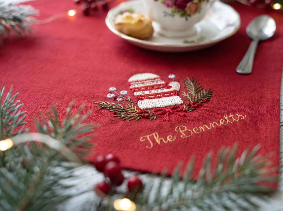 Personalized Christmas Linen Napkin Set of 3, Hand Embroidered Pine, Mistletoe & Wreath, Custom Name, Christmas Table Decor, Holiday Gift