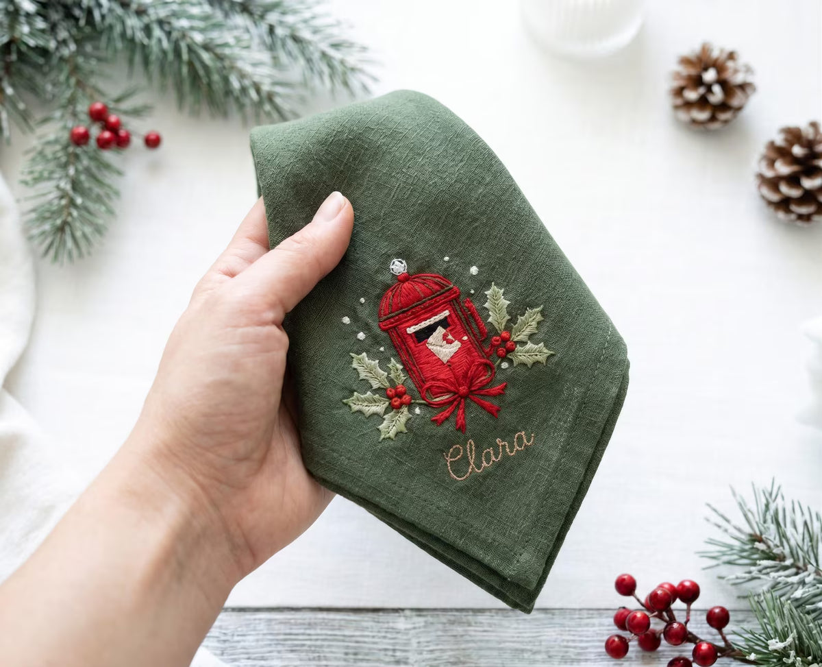 Personalized Christmas Linen Napkin Set of 3, Hand Embroidered Pine, Mistletoe & Wreath, Custom Name, Christmas Table Decor, Holiday Gift