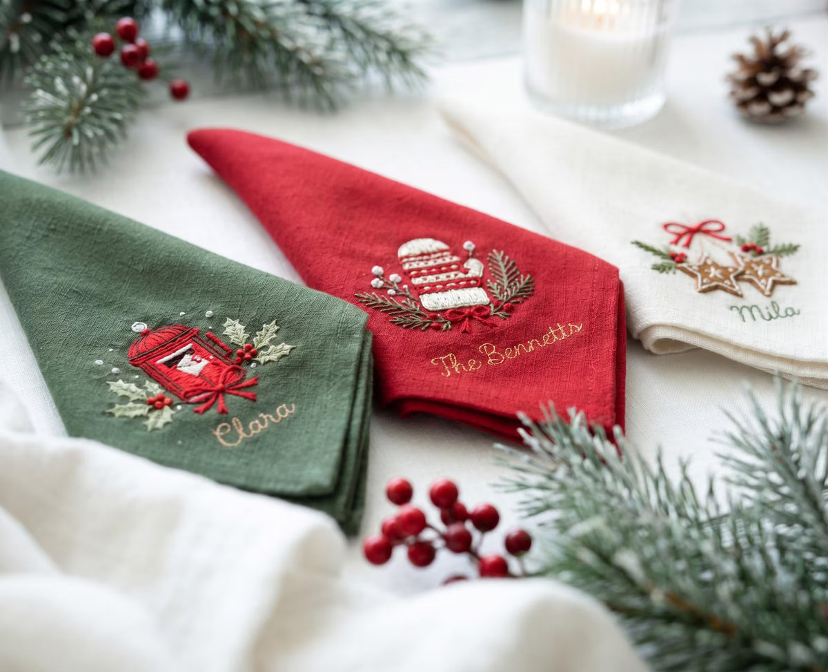 Personalized Christmas Linen Napkin Set of 3, Hand Embroidered Pine, Mistletoe & Wreath, Custom Name, Christmas Table Decor, Holiday Gift