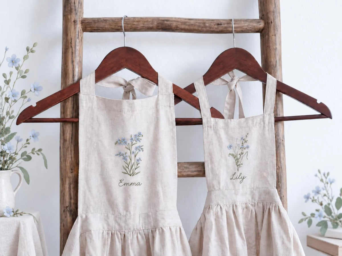 Personalized Black Linen Apron, Hand Embroidered Blue Wildflowers, Custom Name, Matching Mom & Me Aprons, Mother Daughter Cooking Gift Set