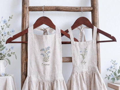 Personalized Black Linen Apron, Hand Embroidered Blue Wildflowers, Custom Name, Matching Mom & Me Aprons, Mother Daughter Cooking Gift Set