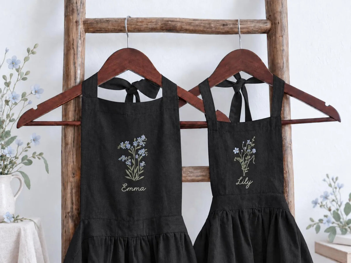 Personalized Black Linen Apron, Hand Embroidered Blue Wildflowers, Custom Name, Matching Mom & Me Aprons, Mother Daughter Cooking Gift Set