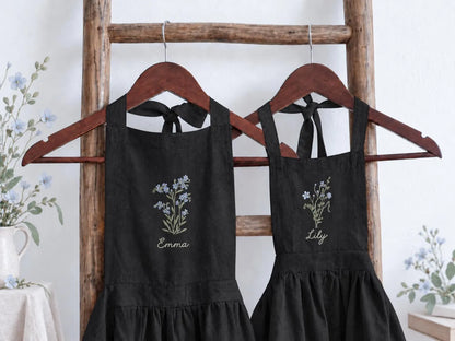 Personalized Black Linen Apron, Hand Embroidered Blue Wildflowers, Custom Name, Matching Mom & Me Aprons, Mother Daughter Cooking Gift Set