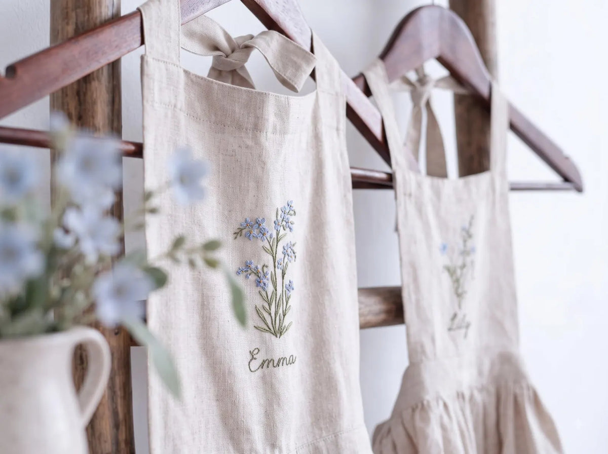 Personalized Black Linen Apron, Hand Embroidered Blue Wildflowers, Custom Name, Matching Mom & Me Aprons, Mother Daughter Cooking Gift Set