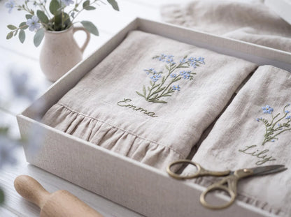 Personalized Black Linen Apron, Hand Embroidered Blue Wildflowers, Custom Name, Matching Mom & Me Aprons, Mother Daughter Cooking Gift Set