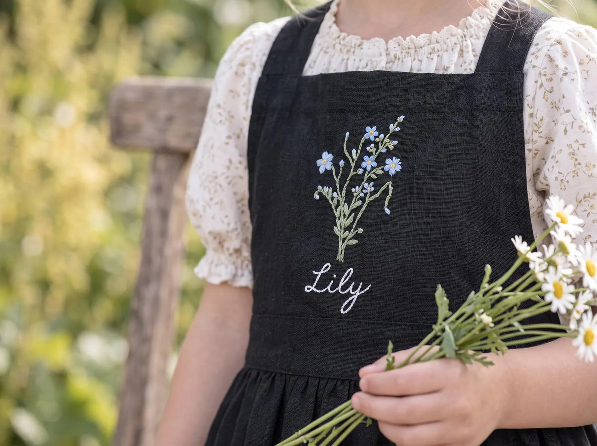 Personalized Black Linen Apron, Hand Embroidered Blue Wildflowers, Custom Name, Matching Mom & Me Aprons, Mother Daughter Cooking Gift Set
