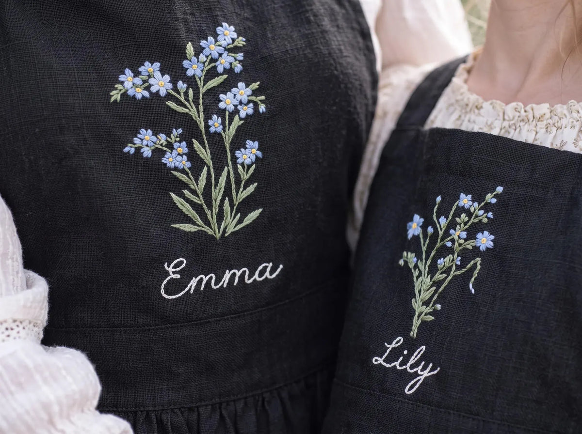 Personalized Black Linen Apron, Hand Embroidered Blue Wildflowers, Custom Name, Matching Mom & Me Aprons, Mother Daughter Cooking Gift Set