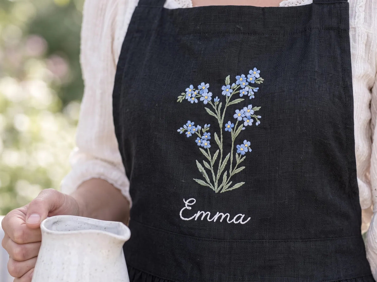 Personalized Black Linen Apron, Hand Embroidered Blue Wildflowers, Custom Name, Matching Mom & Me Aprons, Mother Daughter Cooking Gift Set