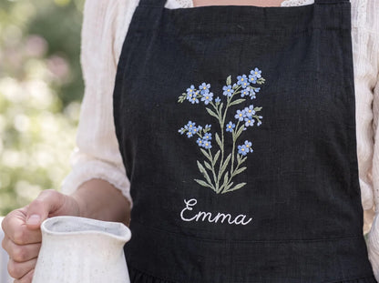 Personalized Black Linen Apron, Hand Embroidered Blue Wildflowers, Custom Name, Matching Mom & Me Aprons, Mother Daughter Cooking Gift Set