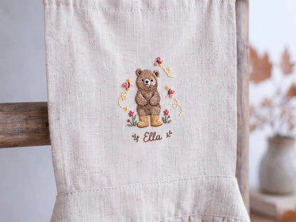 Personalized Mom & Me Aprons, Hand Embroidered Bear, Bees Wildflowers, Custom Names, Matching Mother Daughter Linen Cooking Apron Gift Set