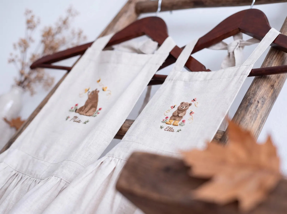 Personalized Mom & Me Aprons, Hand Embroidered Bear, Bees Wildflowers, Custom Names, Matching Mother Daughter Linen Cooking Apron Gift Set