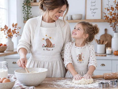 Personalized Mom & Me Aprons, Hand Embroidered Bear, Bees Wildflowers, Custom Names, Matching Mother Daughter Linen Cooking Apron Gift Set
