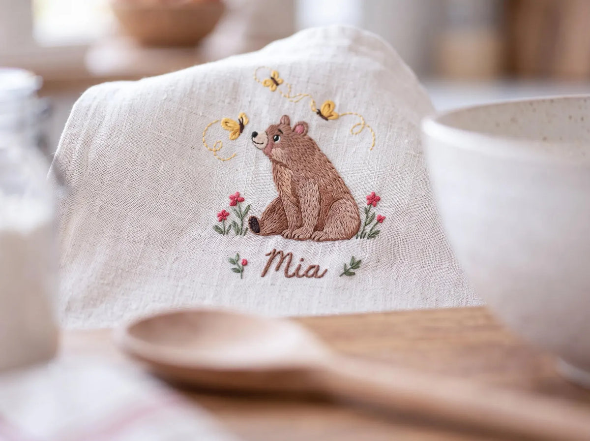 Personalized Mom & Me Aprons, Hand Embroidered Bear, Bees Wildflowers, Custom Names, Matching Mother Daughter Linen Cooking Apron Gift Set