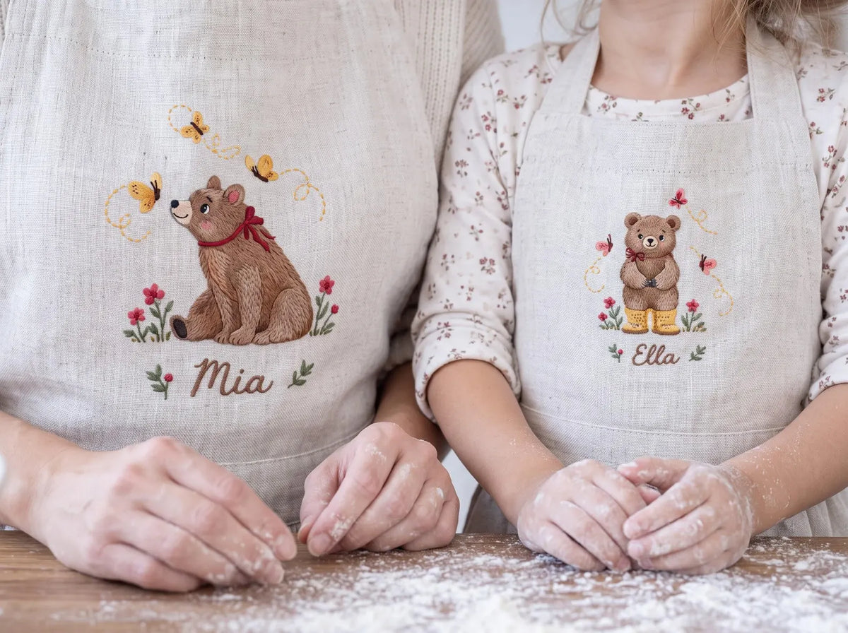 Personalized Mom & Me Aprons, Hand Embroidered Bear, Bees Wildflowers, Custom Names, Matching Mother Daughter Linen Cooking Apron Gift Set