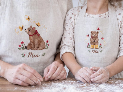 Personalized Mom & Me Aprons, Hand Embroidered Bear, Bees Wildflowers, Custom Names, Matching Mother Daughter Linen Cooking Apron Gift Set