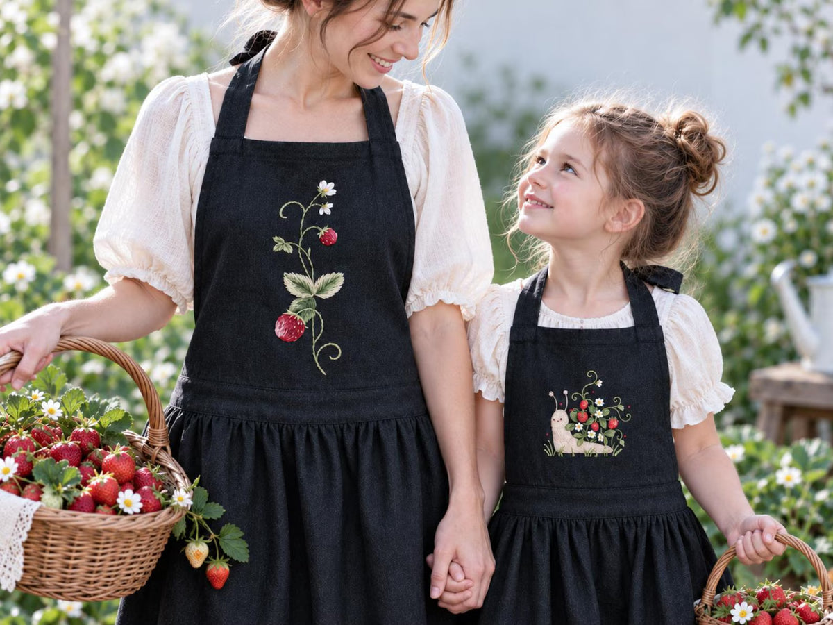 Personalized Mommy and Me Aprons, Matching Mom and Kids Black Linen Apron Set, Hand Embroidered Strawberry & Snail, Custom Name Family Gift