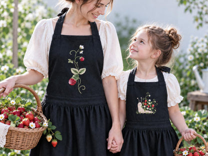 Personalized Mommy and Me Aprons, Matching Mom and Kids Black Linen Apron Set, Hand Embroidered Strawberry & Snail, Custom Name Family Gift