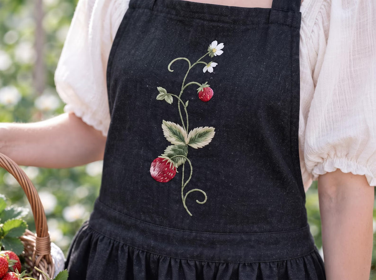 Personalized Mommy and Me Aprons, Matching Mom and Kids Black Linen Apron Set, Hand Embroidered Strawberry & Snail, Custom Name Family Gift