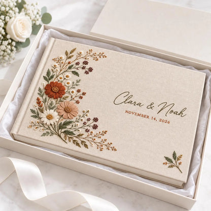 Personalized Wedding Guest Book, Hand Embroidered Linen with Terracotta Wildflowers, A5-A4 Landscape