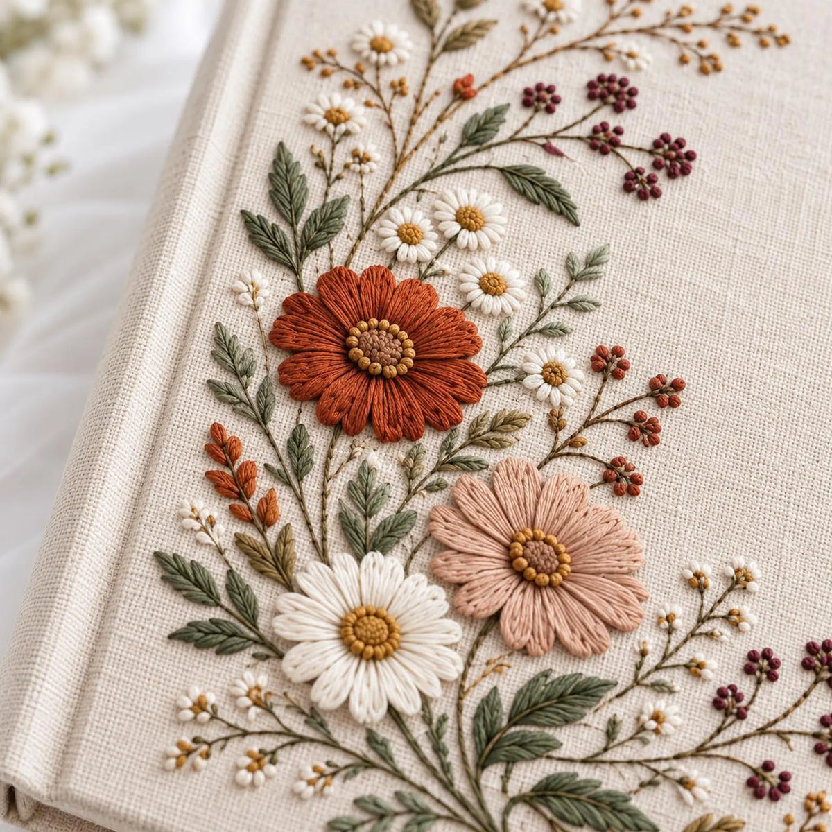 Personalized Wedding Guest Book, Hand Embroidered Linen with Terracotta Wildflowers, A5-A4 Landscape