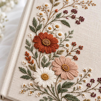 Personalized Wedding Guest Book, Hand Embroidered Linen with Terracotta Wildflowers, A5-A4 Landscape