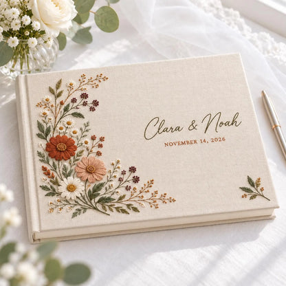 Personalized Wedding Guest Book, Hand Embroidered Linen with Terracotta Wildflowers, A5-A4 Landscape