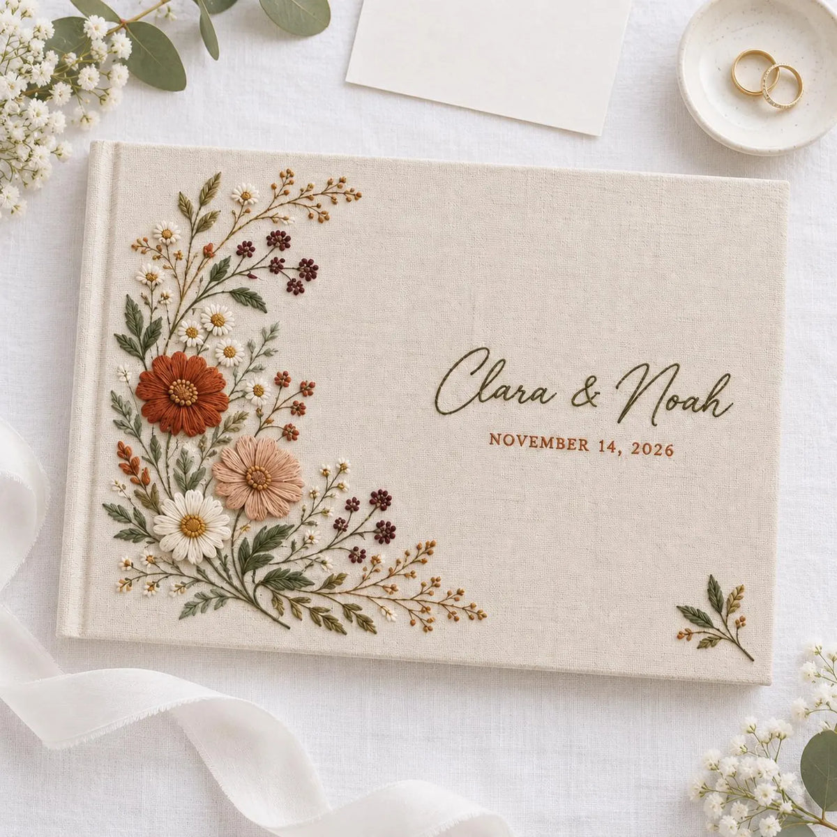 Personalized Wedding Guest Book, Hand Embroidered Linen with Terracotta Wildflowers, A5-A4 Landscape
