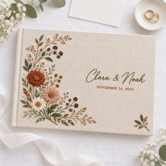Personalized Wedding Guest Book, Hand Embroidered Linen with Terracotta Wildflowers, A5-A4 Landscape