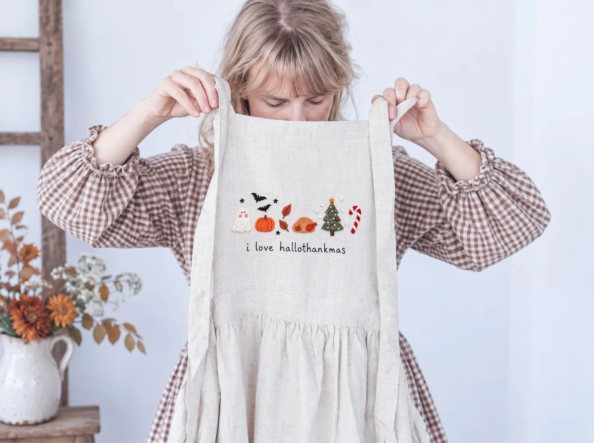 Hand Embroidered Hallothankmas Linen Apron, Ghost Pumpkin Turkey Christmas Tree & Candy Cane, Halloween Thanksgiving Christmas Kitchen Gifts