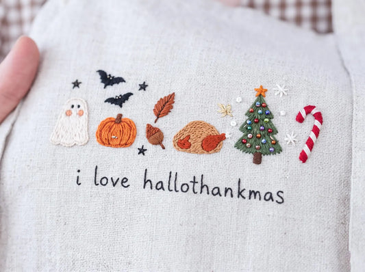 Hand Embroidered Hallothankmas Linen Apron, Ghost Pumpkin Turkey Christmas Tree & Candy Cane, Halloween Thanksgiving Christmas Kitchen Gifts