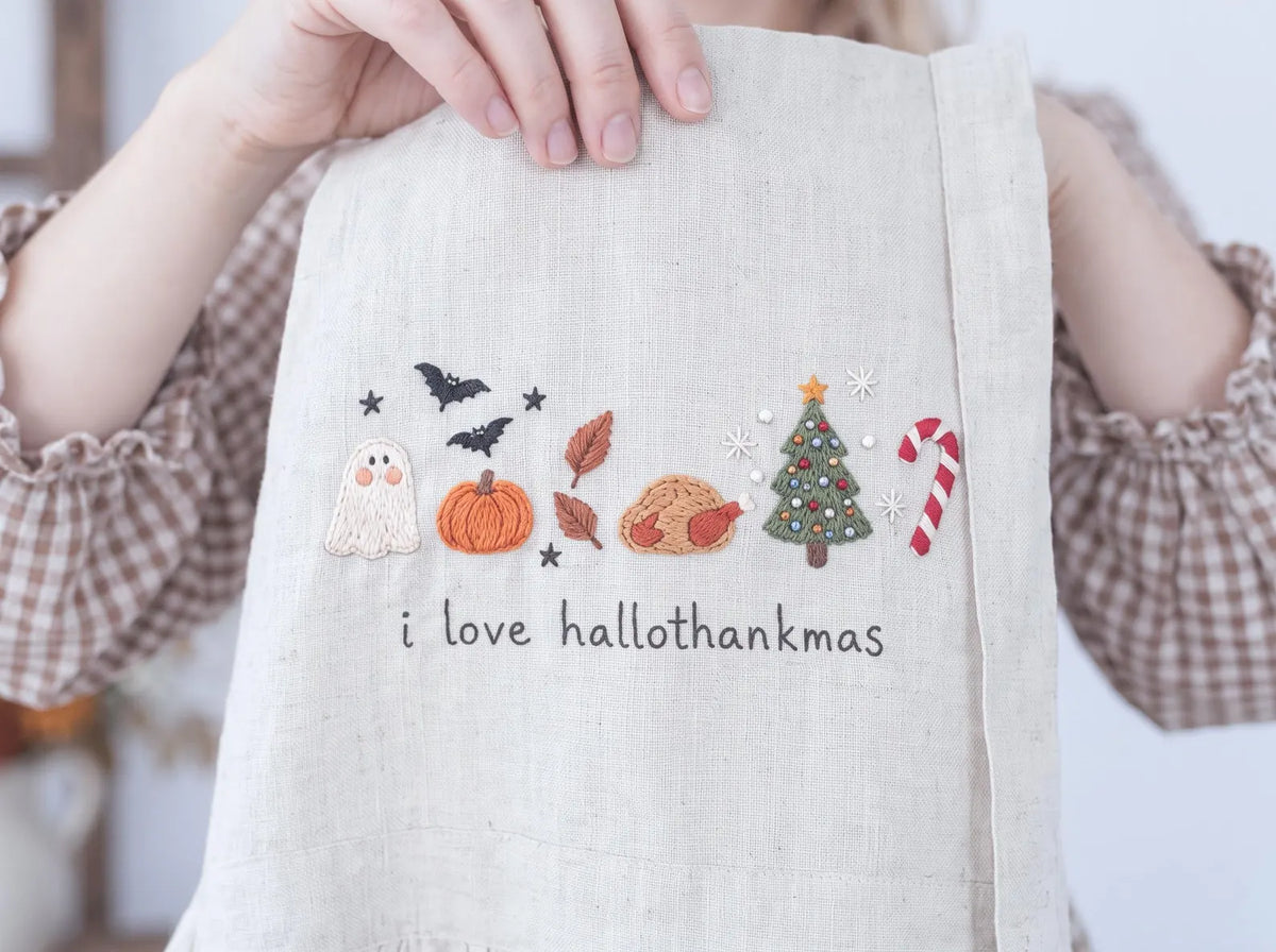 Hand Embroidered Hallothankmas Linen Apron, Ghost Pumpkin Turkey Christmas Tree & Candy Cane, Halloween Thanksgiving Christmas Kitchen Gifts