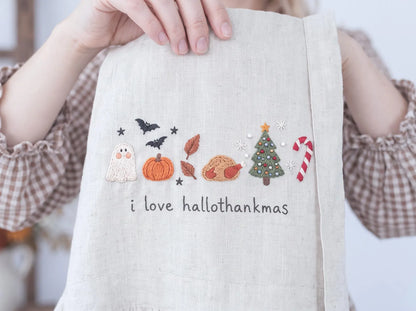 Hand Embroidered Hallothankmas Linen Apron, Ghost Pumpkin Turkey Christmas Tree & Candy Cane, Halloween Thanksgiving Christmas Kitchen Gifts