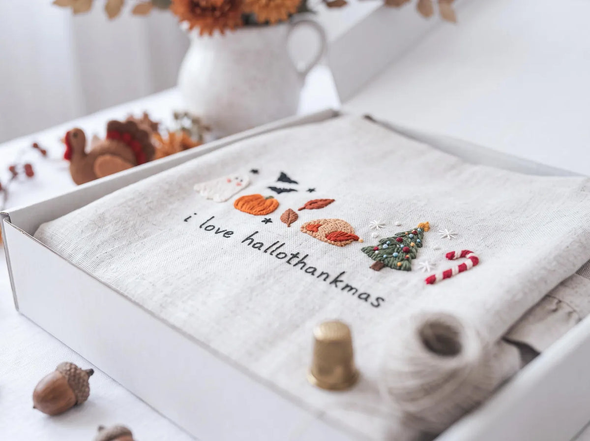 Hand Embroidered Hallothankmas Linen Apron, Ghost Pumpkin Turkey Christmas Tree & Candy Cane, Halloween Thanksgiving Christmas Kitchen Gifts