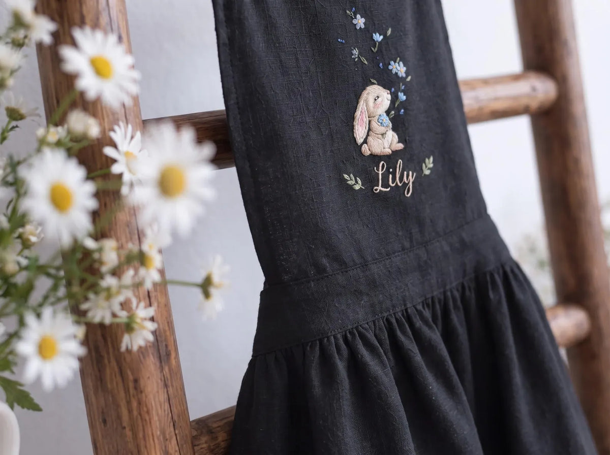 Personalized Mom and Me Aprons Set of 2, Hand Embroidered Blue Wildflowers & Bunny, Custom Names, Black Linen Mother Daughter Apron Gift Set