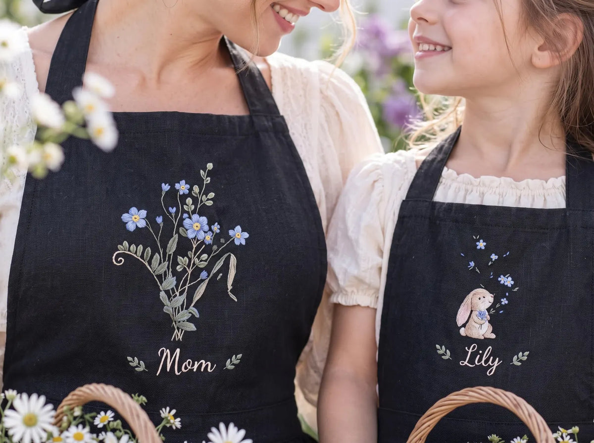 Personalized Mom and Me Aprons Set of 2, Hand Embroidered Blue Wildflowers & Bunny, Custom Names, Black Linen Mother Daughter Apron Gift Set